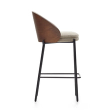 Load image into Gallery viewer, Eamy stool in light brown chenille with ash veneer in walnut finish and black metal 65 cm - image 3