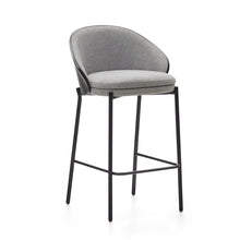 Load image into Gallery viewer, Eamy stool light grey chenille and ash wood veneer with a black finish and black metal, 65 cm