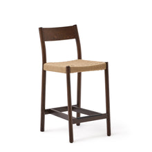 Load image into Gallery viewer, Yalia stool with a backrest in solid oak wood in a walnut finish, and rope cord seat, 65 cm FSC 100%