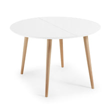 Load image into Gallery viewer, Oqui round extendable MDF table with white lacquer and solid beech legs 120(200)x120 cm