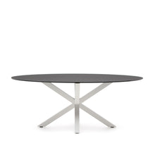 Load image into Gallery viewer, Argo oval table in matt black glass and steel legs with white finish Ø 200 x 100 cm