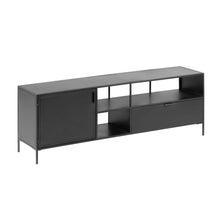 Load image into Gallery viewer, Shantay metal TV stand in a painted black finish with 1 door and drawer, 150 x 50 cm