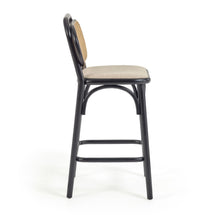 Load image into Gallery viewer, Doriane 65 cm height solid elm stool black lacquer finish and upholstered seat - image 2