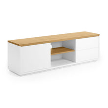 Load image into Gallery viewer, Abilen oak wood veneer TV stand with 1 door &amp; 2 drawers in white lacquer, 150 x 44 cm FSC 100%