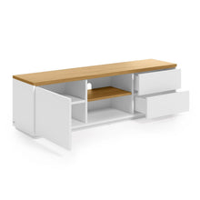 Load image into Gallery viewer, Abilen oak wood veneer TV stand with 1 door &amp; 2 drawers in white lacquer, 150 x 44 cm FSC 100% - image 2
