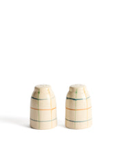 Load image into Gallery viewer, Belor set of ceramic salt and pepper shakers with multicoloured lines