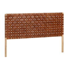Load image into Gallery viewer, Calixta solid teak wood and leather headboard with natural finish for a bed up to 150 cm