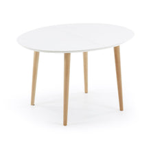 Load image into Gallery viewer, Oqui oval extendable MDF table with white lacquer and solid beech legs 120 (200) x 90 cm