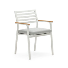Load image into Gallery viewer, Bona stackable outdoor chair in aluminium with white finish and solid teak wood armrests