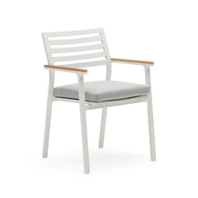 Load image into Gallery viewer, Bona stackable outdoor chair in aluminium with white finish and solid teak wood armrests - image 2