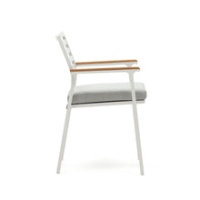 Load image into Gallery viewer, Bona stackable outdoor chair in aluminium with white finish and solid teak wood armrests - image 3
