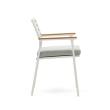 Load image into Gallery viewer, Bona stackable outdoor chair in aluminium with white finish and solid teak wood armrests - image 4