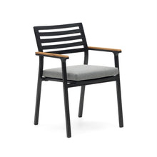 Load image into Gallery viewer, Bona stackable outdoor chair in aluminium with black finish and solid teak wood armrests