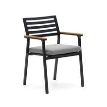 Load image into Gallery viewer, Bona stackable outdoor chair in aluminium with black finish and solid teak wood armrests - image 2