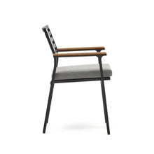 Load image into Gallery viewer, Bona stackable outdoor chair in aluminium with black finish and solid teak wood armrests - image 4