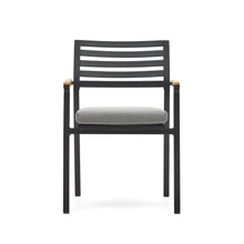 Load image into Gallery viewer, Bona stackable outdoor chair in aluminium with black finish and solid teak wood armrests - image 7