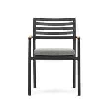 Load image into Gallery viewer, Bona stackable outdoor chair in aluminium with black finish and solid teak wood armrests - image 8