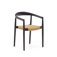 Load image into Gallery viewer, Ydalia stackable outdoor chair in solid teak wood with black finish and synthetic rattan rope