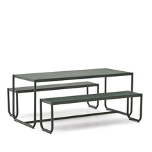 Load image into Gallery viewer, Sotil Set of 2 Benches and Galvanized Steel Table with Green Finish 183 x 83 cm
