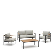 Load image into Gallery viewer, Aiguafreda set, 2 seater sofa, 2 chairs &amp; coffee table made from grey aluminium &amp; acacia