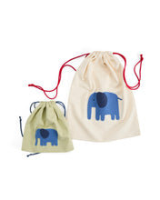 Load image into Gallery viewer, Tandani set of 2 beige and green cotton bags with embroidered blue elephant