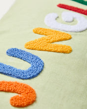 Load image into Gallery viewer, Tandani green cotton cushion cover with multicoloured embroidered lettering 30 x 50cm - image 4