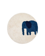 Load image into Gallery viewer, Tandani beige cotton round rug with blue elephant Ø 100cm