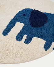 Load image into Gallery viewer, Tandani beige cotton round rug with blue elephant Ø 100cm - image 3