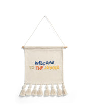 Load image into Gallery viewer, Tandani beige cotton wall tapestry with multicoloured letters and fringing 40 x 50cm