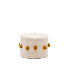 Load image into Gallery viewer, Manua beige, cotton pouffe with mustard-coloured tassels, Ø 40 cm