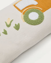 Load image into Gallery viewer, Pecky cushion cover in beige cotton with a tractor embroidery feature, 30 x 50 cm - image 4