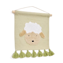 Load image into Gallery viewer, Milu wall tapestry in green cotton with a sheep and green tassels - image 2