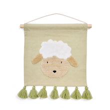 Load image into Gallery viewer, Milu wall tapestry in green cotton with a sheep and green tassels - image 4