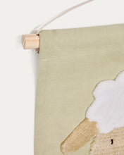 Load image into Gallery viewer, Milu wall tapestry in green cotton with a sheep and green tassels - image 7