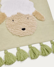 Load image into Gallery viewer, Milu wall tapestry in green cotton with a sheep and green tassels - image 8
