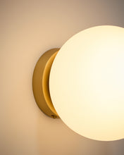 Load image into Gallery viewer, Brisia metal wall lamp with brushed brass finish and 1 frosted glass ball Ø15cm - image 3