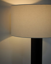 Load image into Gallery viewer, Niani floor lamp in rubber wood with dark finish and ivory-coloured cotton lamp shade with UK adaptor - image 3