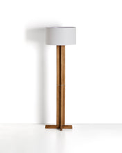 Load image into Gallery viewer, Floor lamp in rubber wood with clear finish and ivory-coloured cotton lamp shade with UK adaptor