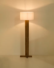 Load image into Gallery viewer, Floor lamp in rubber wood with clear finish and ivory-coloured cotton lamp shade with UK adaptor - image 2