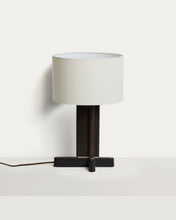 Load image into Gallery viewer, Niani table lamp in dark-finish rubber wood with ivory-coloured cotton shade Ø30cm with UK adaptor