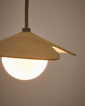 Load image into Gallery viewer, Wilara oak veneer ceiling lamp with 1 white smoked glass ball - image 3