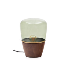 Load image into Gallery viewer, Silex table lamp made of walnut veneer and green glass UK adapter