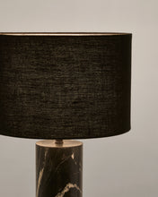 Load image into Gallery viewer, Vex table lamp in black marble with a black linen shade UK adapter