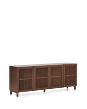 Load image into Gallery viewer, Beyla sideboard with 4 doors in ash veneer and solid ash wood with walnut-tone finish 180 x 71.5 cm FSC 100% - image 2