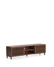 Load image into Gallery viewer, Beyla TV stand with 2 doors in ash veneer and solid ash wood with walnut-tone finish 180 x 49.5 cm FSC 100%