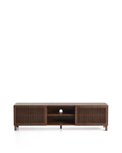 Load image into Gallery viewer, Beyla TV stand with 2 doors in ash veneer and solid ash wood with walnut-tone finish 180 x 49.5 cm FSC 100% - image 2