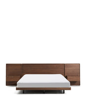 Load image into Gallery viewer, Norlen bed with 2 bedside tables in walnut veneer with dark finish and LED light for 180 x 200 cm mattress FSC Mix Credit UK adapter