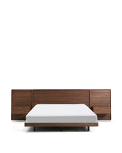 Load image into Gallery viewer, Norlen bed with 2 bedside tables in walnut veneer with dark finish and LED light for 160 x 200cm mattress FSC Mix Credit UK adapter