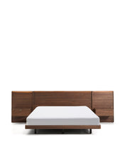 Load image into Gallery viewer, Norlen bed with 2 bedside tables in walnut veneer with dark finish and LED light for 160 x 200cm mattress FSC Mix Credit UK adapter - image 2