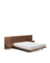 Load image into Gallery viewer, Norlen bed with 2 bedside tables in walnut veneer with dark finish and LED light for 160 x 200cm mattress FSC Mix Credit UK adapter - image 4